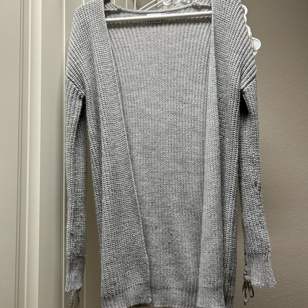 Grey tie-sleeve woven cardigan